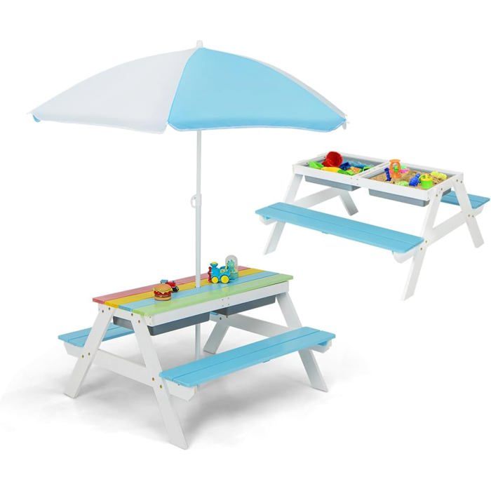 Salon de Jardin pour Enfants COSTWAY avec Table Extérieur Parasol et Bancs - 2 Boîtes pour Sable & Eau Bois de Sapin Bleu