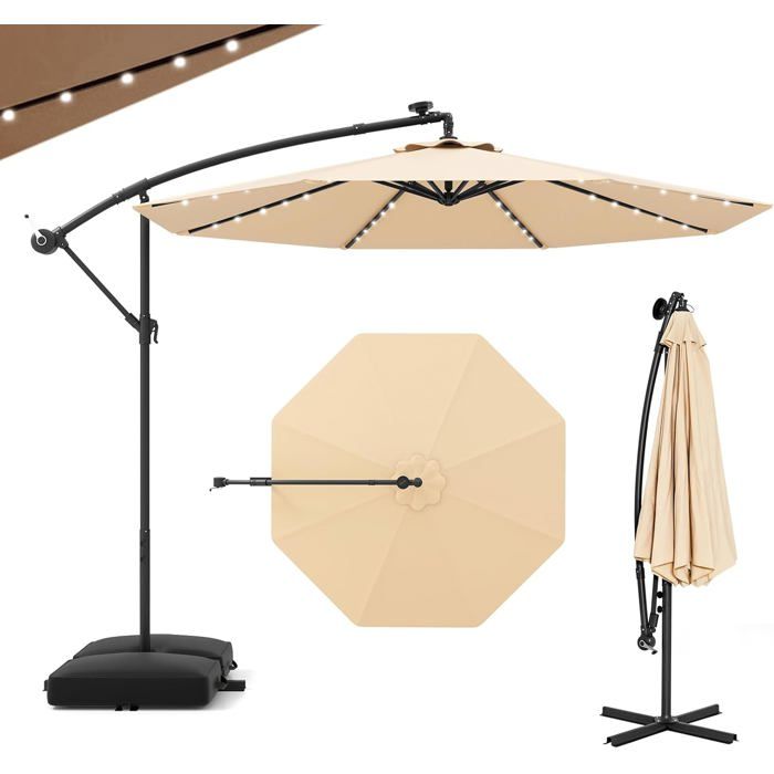 GIANTEX Parasol de Jardin Extérieur avec Pied - 3x3M - 40 Lampes Solaires - Inclinable - Manivelle - 8 Baleines - UPF50+ Beige