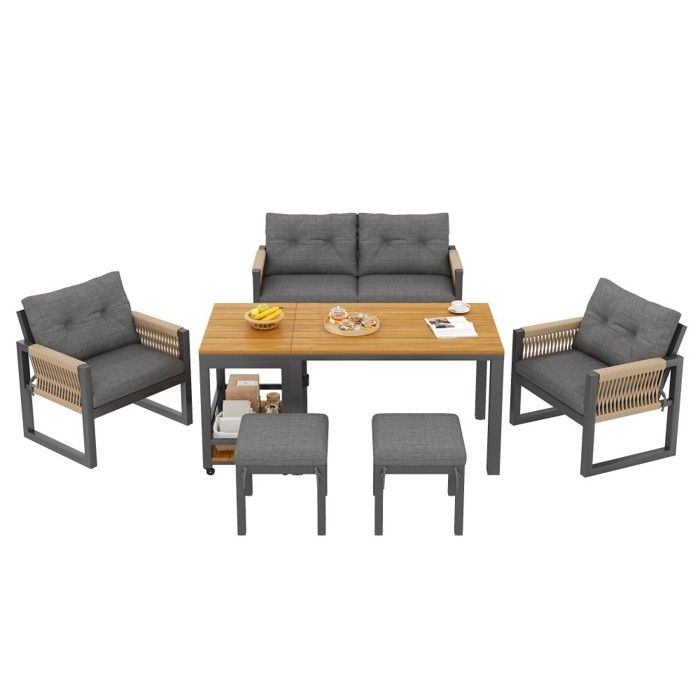 Ensemble Canapé Extérieur Moderne Gris Et Naturel Structure En Fer Accoudoirs Tressés Table Et Coussins 150x79.5x75cm Ensemble Canapé Extérieur Moderne Gris Et Naturel Structure En Fer Accoudoirs Tressés Table Et Coussins 150x79.5x75cm