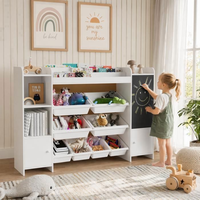 Meuble de rangement enfant Bibliothèque enfant avec 8 boîtes amovibles et étagères Etagère enfant avec Tableau Noir Blanc