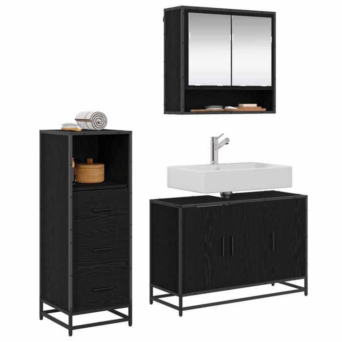 Meuble de salle de bain en 3 pcs - ARMOIRE/COLONNE WC - Chêne noir 90x33x60 cm L5215