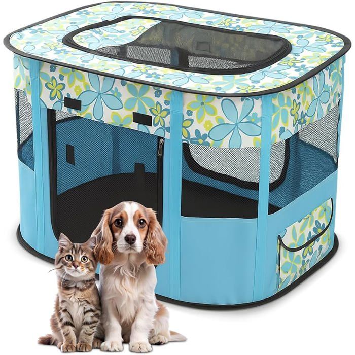 Parc pour Chien Pliable Fleurs Bleues XL – Enclos Portable Chiot Chat Lapin Tente Respirante avec Sac de Transport CLAPIER