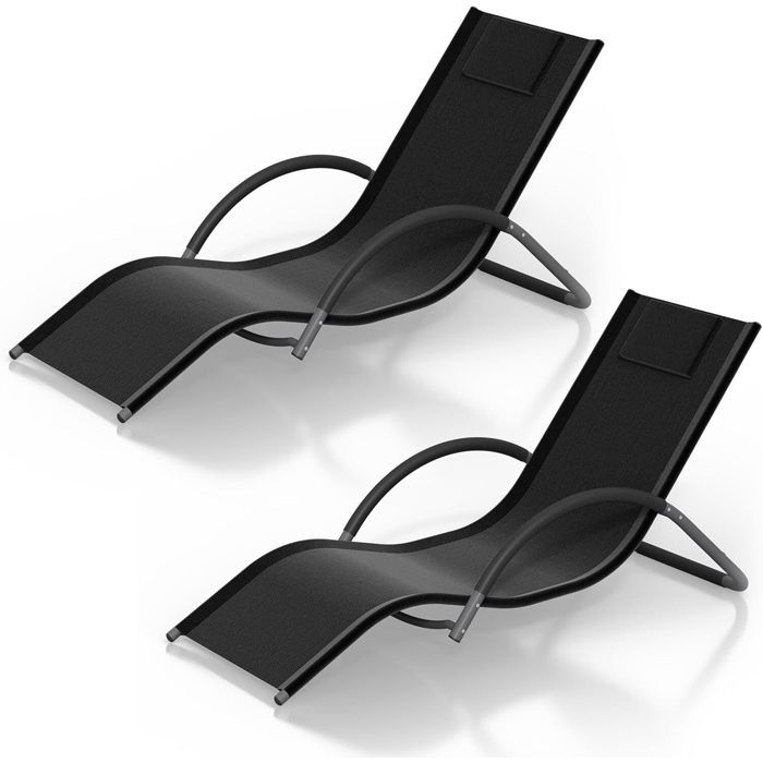 Lot de 2 Chaise Longue transat de Jardin Ergonomique fauteuils de Jardin Structure en Fer Robuste-appuie-tête Inclus noir