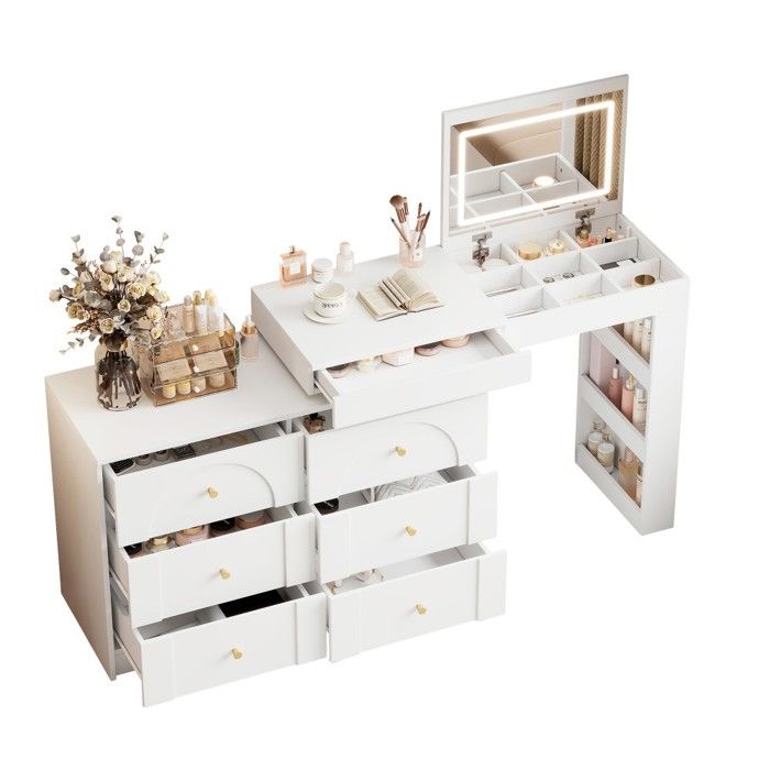 Coiffeuse Rotative-Blanche 105x40x80cm-Éclairage LED-2 En 1 Table De Bureau-Coiffeuse Élégante-Sans Tabouret Coiffeuse Rotative-Blanche 105x40x80cm-Éclairage LED-2 En 1 Table De Bureau-Coiffeuse Élégante-Sans Tabouret