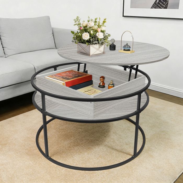 OHMG-Table Basse Ronde Réglable En Hauteur-Espace De Rangement Caché-Motif Marbré-80*80*47cm-Couleur Bois Clair + Étagère Noire