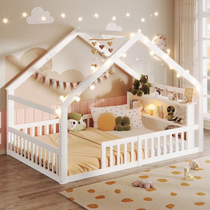 Lit Enfant 140x190 avec LEDLit plat avec barrière de sécurité Structure style minimaliste en Pin Blanc(Sans Matelas)