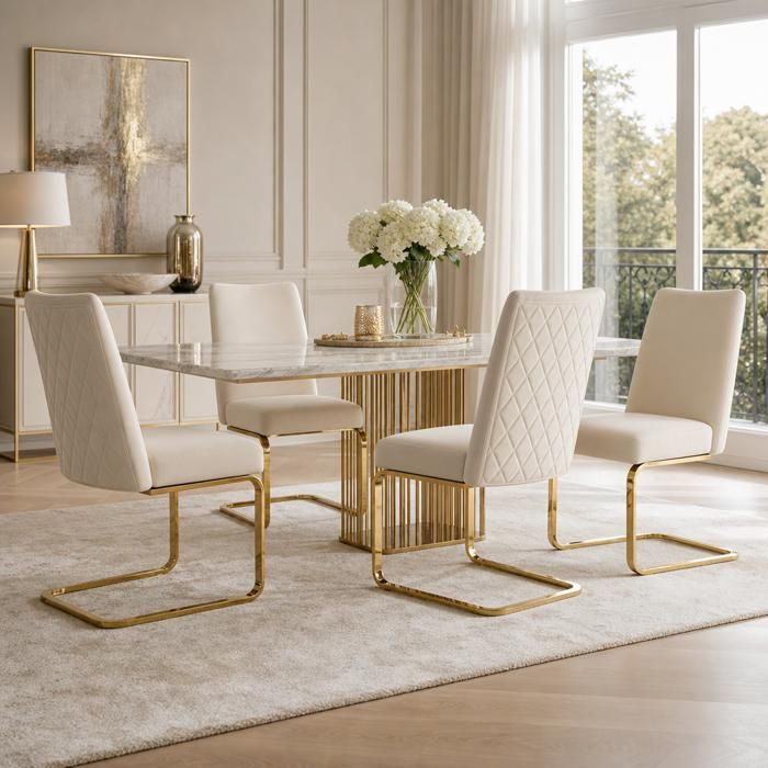 Chaise salle manger velours 4 pièces dossier diamant pieds métal doré beige