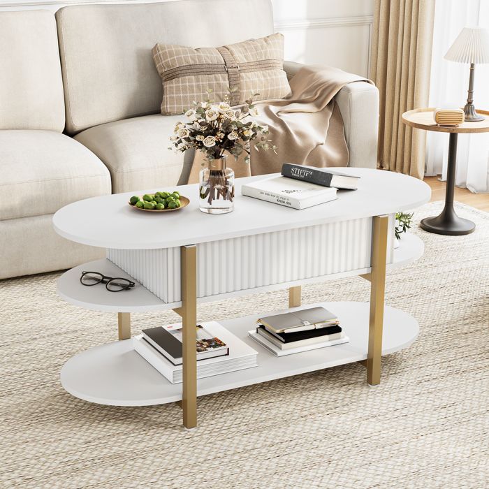 Table basse relevable blanche 2-en-1 convertible en bureau d’appoint avec rangement caché et vérin à gaz surface imperméable