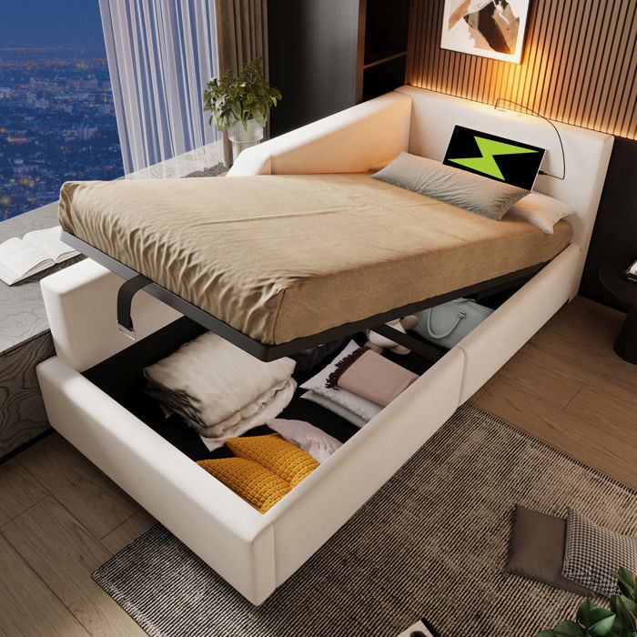 Lit 90x190 cm Avec Coffre Hydraulique Lampe De Lecture USB-C Sommier À Lattes Velours Beige