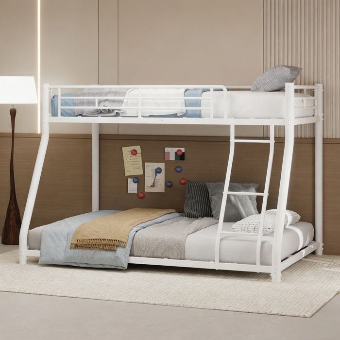 Lit superposé en métal 90×190/140×190 cm - URTR - avec échelle et rampes de sécurité - blanc - sans matelas