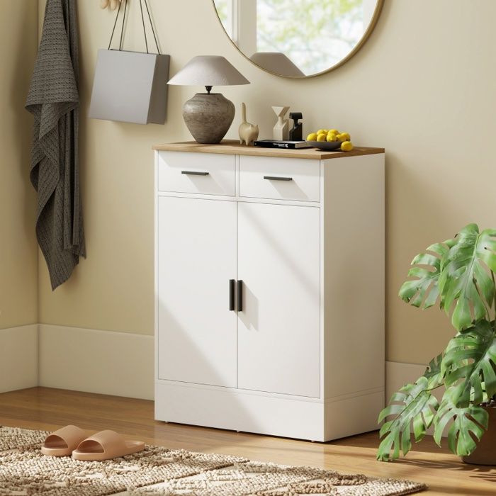 Buffet Sideboard 90 3x68 6x35cm - Meuble dEntrée Bas avec 2 Tiroirs Étagère Réglable et Kit Anti-Basculement - Naturel et Blanc