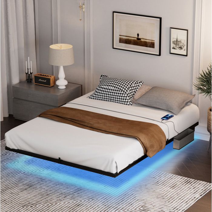 WUVRIE Lit flottant en métal 160 x 200 cm LED station de charge noir sommier à lattes