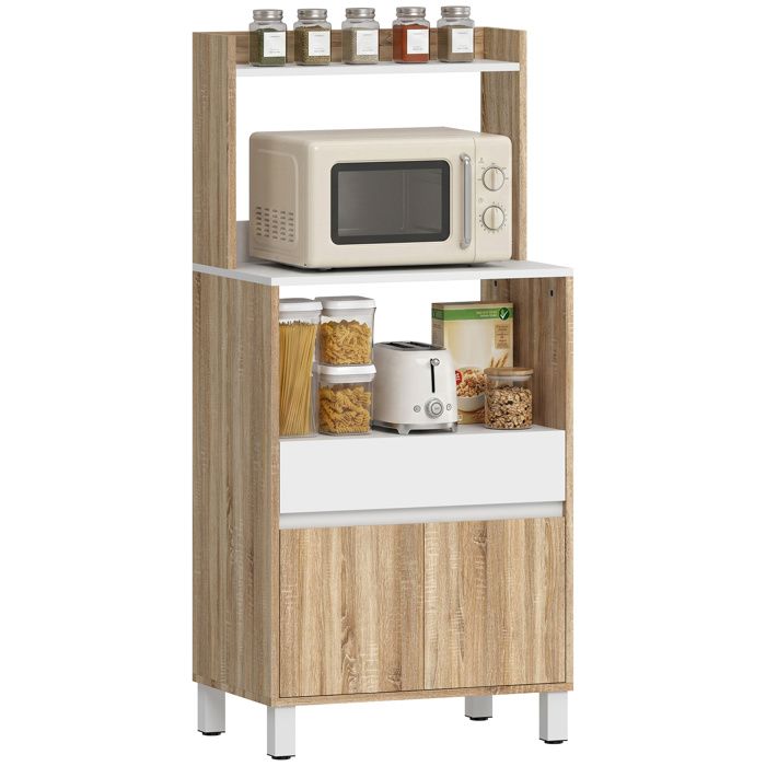Meuble micro-ondes - HOMCOM - tiroir 2 portes à fermeture douce plan de travail et étagères ouvertes - bois - 60x40x131cm - chêne