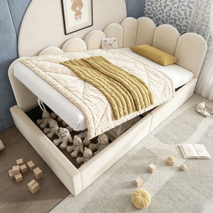 Lit de jour 90×190 cm - URTR - tissu velours - sommier à lattes métalliques - lit coffre rembourré - sans matelas - beige