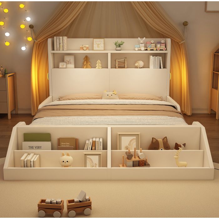 Lit double 140x200 avec rangement tête de lit étagères bibliothèque amovible 2 veilleuses sommier inclus blanc ORVRYN