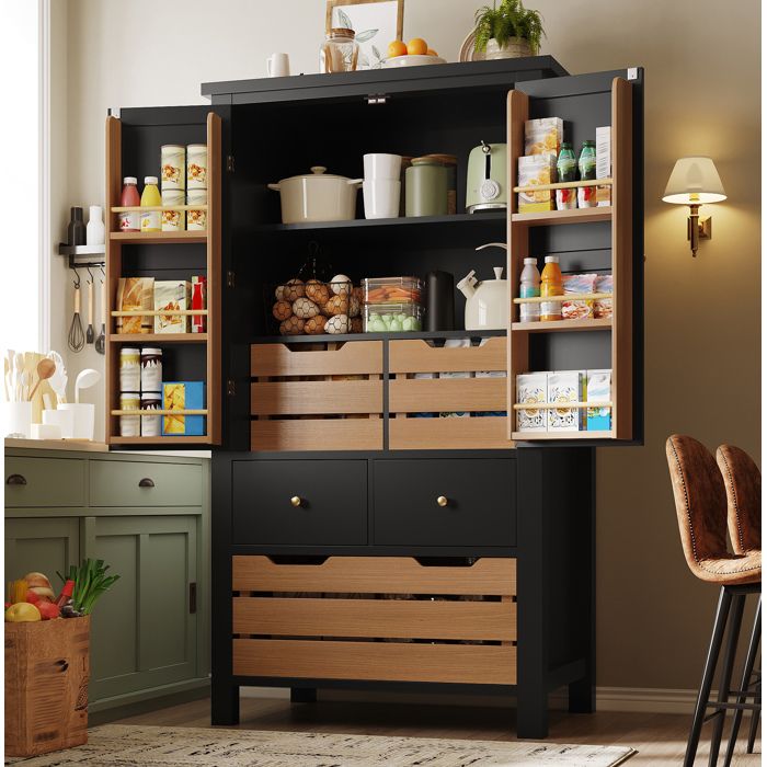 Buffet de cuisine haut 80 x 40 x 140 cm meuble de rangement 2 portes 5 tiroirs avec paniers amovibles noir ORVRYN