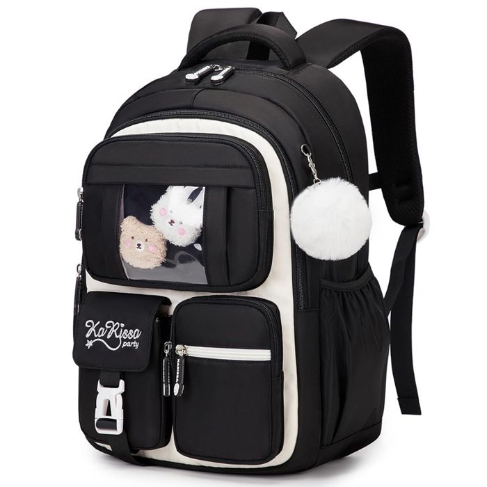 Cartable - Fille - Sac à Dos Enfant Imperméable - Respirant et Léger - Grande Capacité - Noir Blanc 33x17x47cm