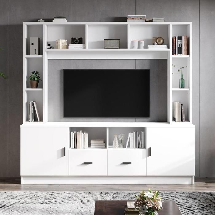 Meuble TV - KOMHTOM - 180x35x170 cm - 2 armoires 2 tiroirs 11 niches - TV jusquà 60 pouces - Blanc Meuble TV - KOMHTOM - 180x35x170 cm - 2 armoires 2 tiroirs 11 niches - TV jusquà 60 pouces - Blanc