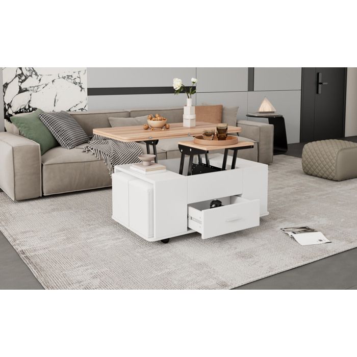 Table basse relevable et extensible 4 en 1 100x50 cm avec 4 tabourets tiroir roulettes blanc et bois