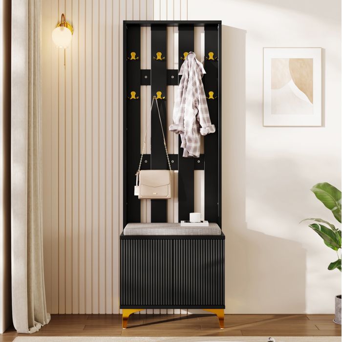 Vestiaire dentrée avec banc à chaussures et coussin crochets dorés portes ondulées noir et doré 60 5 x 35 2 x 180 5 cm