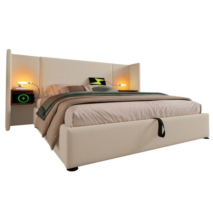 ELVORIN Lit coffre 160 x 200 cm beige en lin tête de lit avec étagère lampe de lecture tactile USB et Type-C