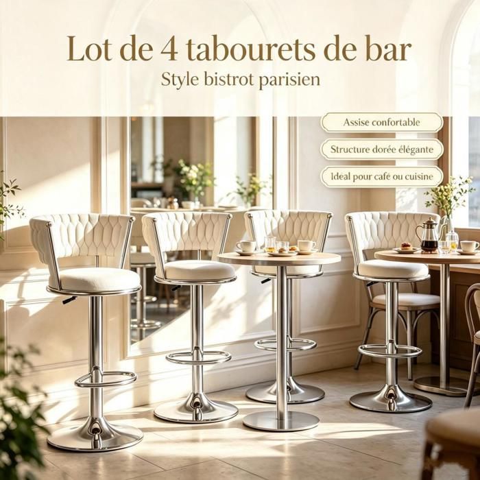 PIPIPOXER Lot de 4 Tabourets de Bar Velours Tressé Réglables Pivotant 360° Argentée Ensemble Chaises Cuisine Ouverte Maison