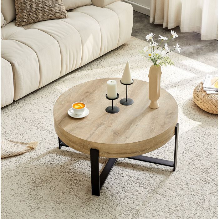 Table basse ronde 68 cm style rétro industriel plateau MDF aspect bois métal noir stable 100 kg pieds antidérapants JOINERY