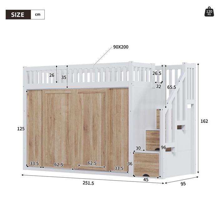 Lit mezzanine enfant - ZEVKOR - 90×200 cm - Armoire intégrée - Rangement escalier - LED multicolore