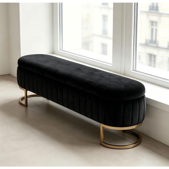 WUVRIE Banc coffre en velours noir 130 cm pieds métalliques dorés rangement intérieur pour chambre ou entrée