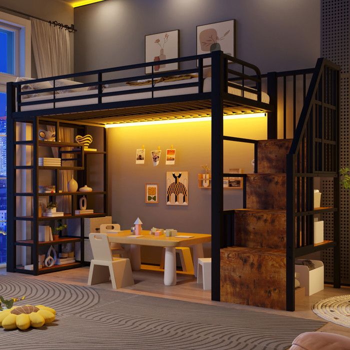 Lit mezzanine 1 places 90x200 avec LED et tiroirs Lit Enfants en fer avec compartiment de rangement et échelle Noir(Sans Matelas)