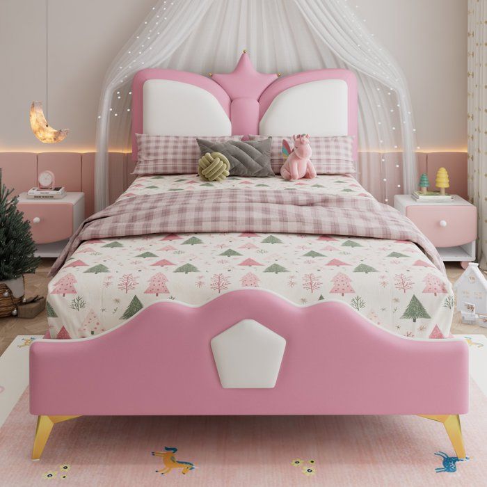 Lit enfant avec tête de lit couronne et bords en mousse 90x200 pour fille et garçon