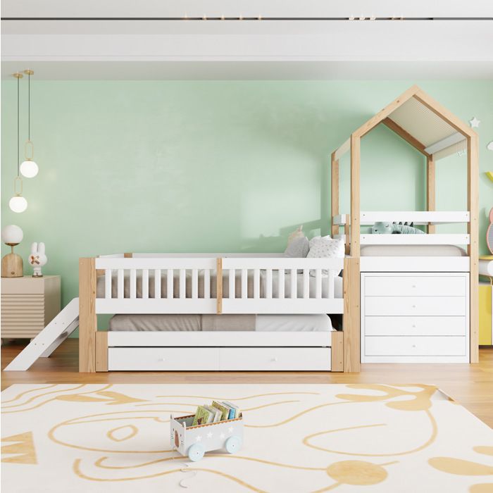 ROVRYN Lit mezzanine enfant avec lit gigogne 90 x 200 cm tiroirs échelle latérale toit en tissu blanc et bois naturel