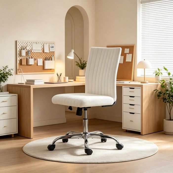 WOVREO Chaise de bureau sans accoudoirs réglable 46-56 cm pivotante 360° à roulettes tissu aspect lin crème