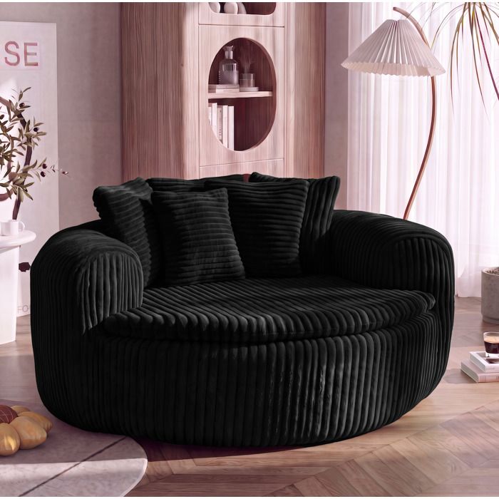 Fauteuil lounge 1 place noir en velours côtelé assise profonde 89 x 90 cm 5 coussins et accoudoirs larges ORVRYN