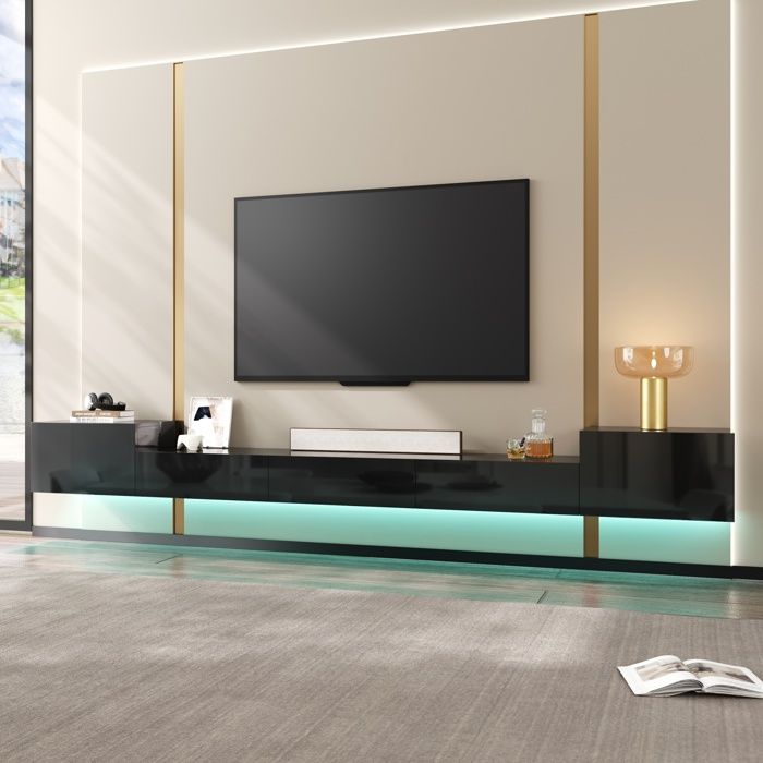 Meuble TV mural 245x30x26 cm noir brillant portes LED application