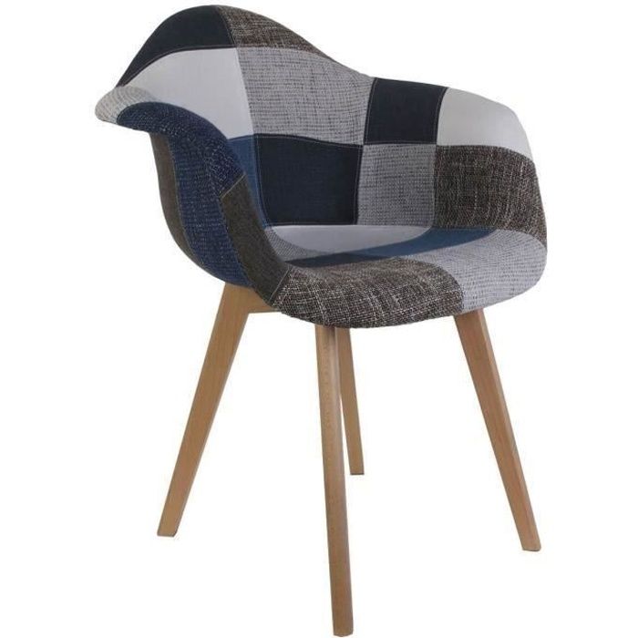 fauteuil scandinave - altobuy - lot de 2 fauteuils patchwork bleu et gris - pieds en hêtre massif