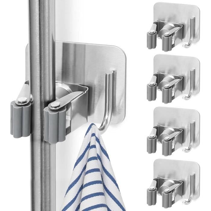Lot De 4 Supports Muraux Adhésifs Pour Balais Et Serpillères - Acier Inoxydable, Clips Et Crochets Inclus