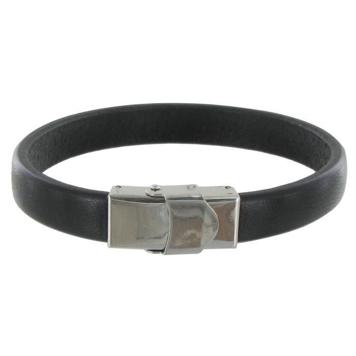 Les Poulettes Bijoux - Bracelet Homme Cuir Noir Large Fermoir Acier Inoxydable - taille 19 cm Les Poulettes Bijoux - Bracelet Homme Cuir Noir Large Fermoir Acier Inoxydable - taille 19 cm