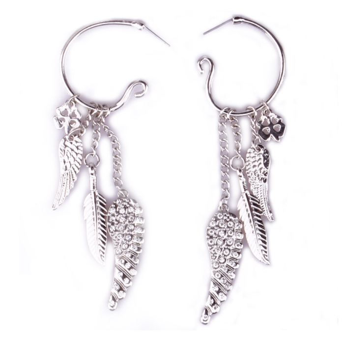 Boucles D'Oreilles Argentées Grandes Ailes D'Ange Totem Oiseau Biker Pendantes