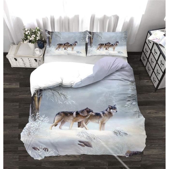 Parure de Lit Loup Zippé Housse de Couette 2 Taies d'Oreiller 220x240cm[975] - Maison