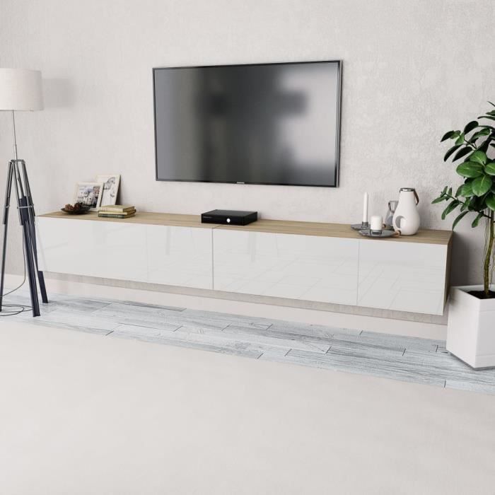 meuble bas tv scandinave banc télévision table de salon 2 pcs aggloméré 120x40x34 cm chêne et blanc brillant