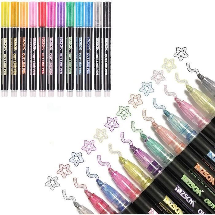 Feutres marqueurs métalliques brillants, 12 couleurs, pour scrapbooking album photos, dessins, coloriage, déco, multi-supports, avec 20 étiquettes noires autocollantes adhésives en cadeau | Votre wishlist sur