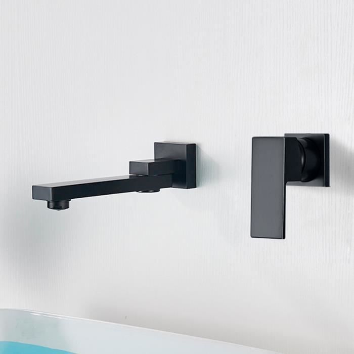 Robinet Lavabo Cascade Noir Mat - Mitigeur Monobloc 1 Trou, Bec Plat, Anti-Fuite, Acier Inox