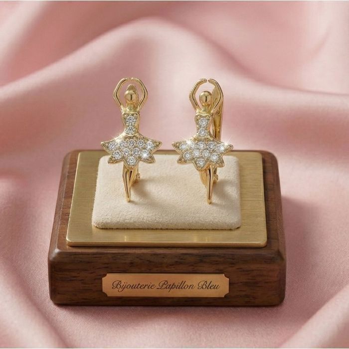Boucles dOreilles - Dormeuses - Ballerine - Danseuse - Plaqué Or Jaune 750/1000 - Zircons - Blanc - Femme/Enfant