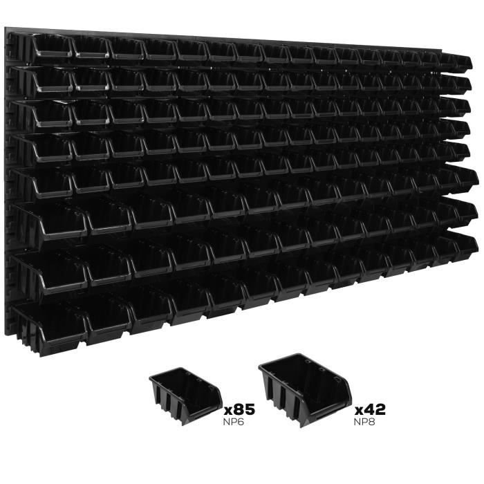 Étagère murale - Noir - 174 x 78 cm - 130 boîtes S et M - Système de rangement - Universelle