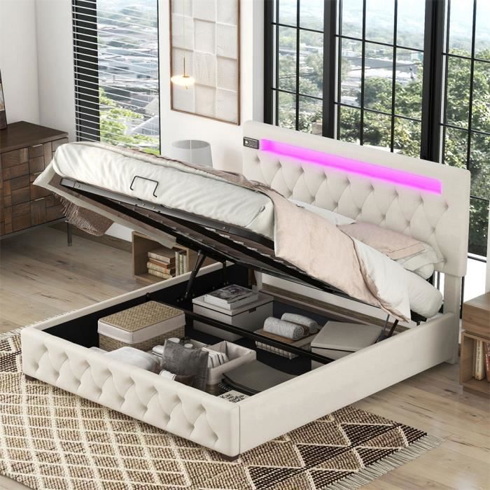 Lit Double 160x200 Cm - Lit Avec 4 Tiroirs, Prise USB C, Tête De Lit Réglable, Sommier En Bois Gris 97599593