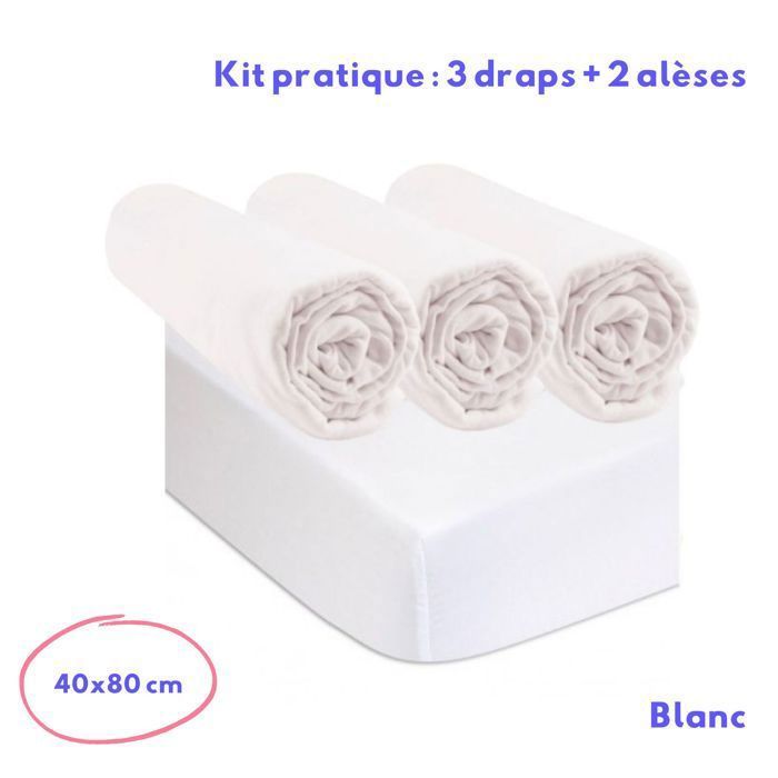 KIT PRATIQUE DE LINGE DE LIT BEBE : 3 DRAPS HOUSSE 40x80 COTON BLANC + 2 ALESES PROTEGES MATELAS 40X80 POUR BERCEAU BEBE 100% COTON