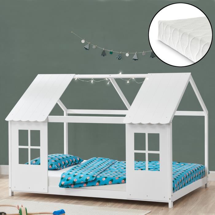 Lit cabane Tostedt pour enfant 140 x 200 cm avec matelas sommier à lattes bois de pin blanc [en.casa]
