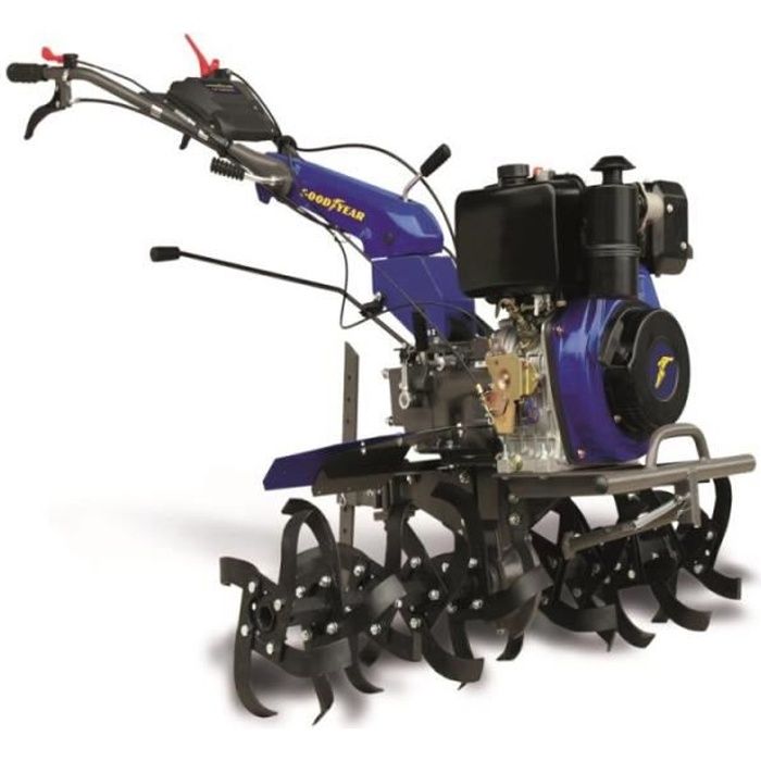 Motoculteur thermique Diesel 418 cm³ 10 CV GOODYEAR Démarrage électrique 4+2 vitesses 4 jeux de fraises Bleu