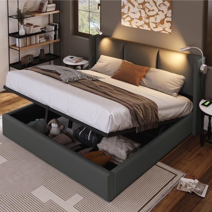 Lit coffre double - MERAX - Chesfield - 160x200 cm - Similicuir gris - Lampes lecture USB